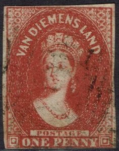 TASMANIA 1855 QV CHALON 1D WMK LARGE STAR IMPERF USED