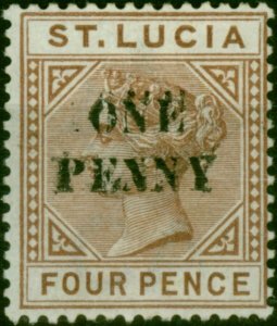 St Lucia 1891 1d on 4d Brown SG55Var 'Kiss Print' Fine LMM