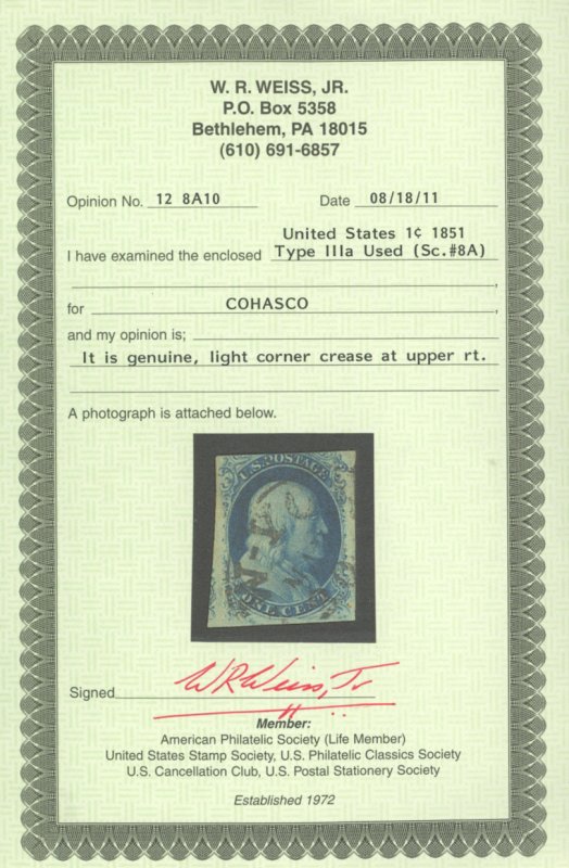 U.S. #8A USED WITH WEISS CERT