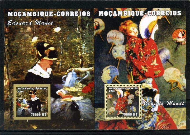 MOZAMBIQUE 2001 PAINTINGS BY C.MONET & E.MANET 2 S/S PERF. & IMPERF.MNH