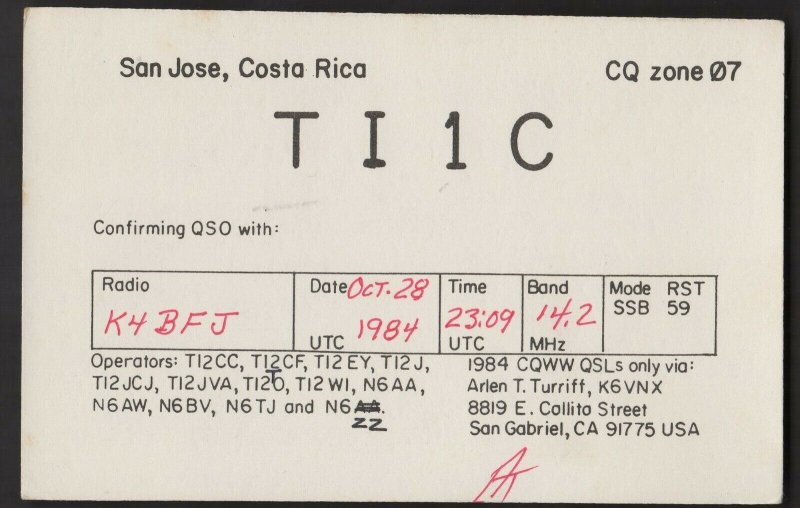 QSL CARD TI1C,Arien T. Turriff,84,San Jose,Costa Rica(Q4506)