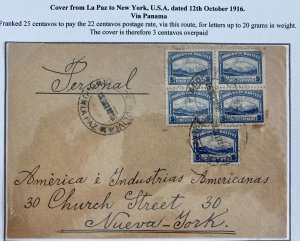 1916 La Paz  Bolivia Commercial Cover To New York Usa 3 Cents Overpaid