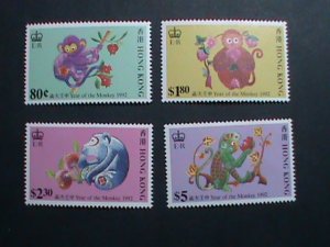 ​CHINA -HONG KONG STAMP 1992-SC# 615-8 YEAR OF THE LOVELY MONKEY MNH. SET  VF