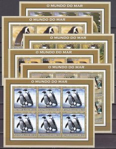 Mozambique, Scott cat. 1660 a-f. Penguins, 6 PERF sheets of 6.