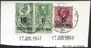 Isle of Man KGVI 10/- + 1/- + 6d Key Plate Type Revenues CDS on Piece