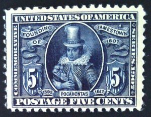 Scott #330 - F/VF - 5c Blue  - Pocahontas - OG HM - 1907