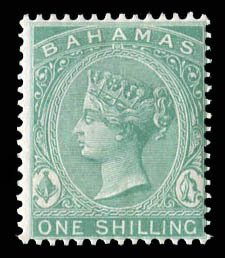 Bahamas #23 (SG 44a) Cat£38, 1882 1sh blue green, lightly hinged