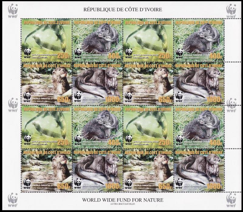 Ivory Coast WWF Speckle-throated Otter Sheetlet of 4 sets with error