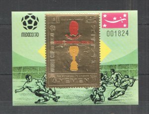 Nw0077 Imperf Yemen Gold World Cup Mexico 1970 Football Overprint Pele Bl Mnh