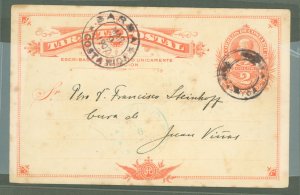 Costa Rica UX 1907 2 cent Red orange. Used from Barba. Very Scarce Cancel, very minor soiling