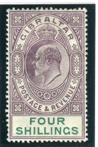 GIBRALTAR-1903 4/- Dull Purple & Green.  A mounted mint example Sg 53