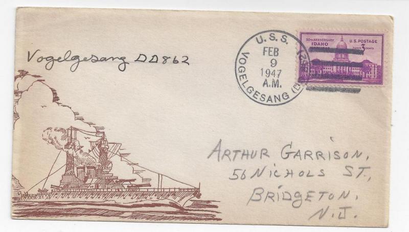 Naval Cover 1947 USS Vogelgesang DD 862 Cacheted