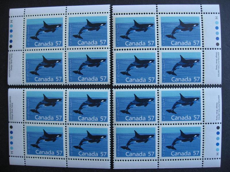 Canada killer whale Ut 1173i MNH matched set of 4 plate blocks!