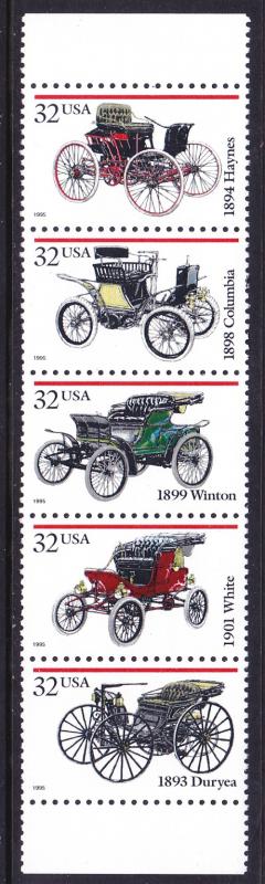 US 3023a MNH 1995 32¢ Antique Automobiles Booklet Pane of 5