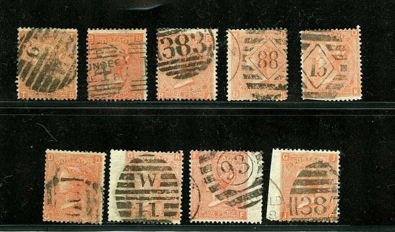 Great Britain #43 X (6), #43a X (3) (GR323) See plate #'s, U, F, CV$742.50