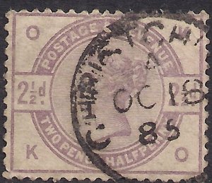 GB 1883 QV 2 1/2d Lilac ( K & O ) Victoria SG 190 Oct 16 1885 Pmk ( M1071 )