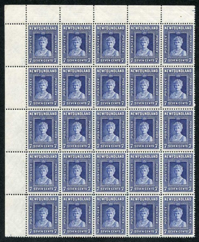 Newfoundland SG281 7c Deep Ultramarine U/M Block of 25 Cat 350 pounds