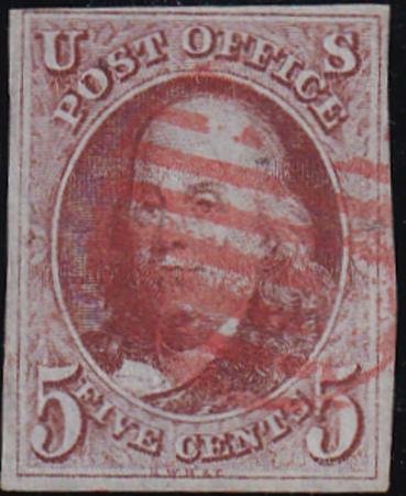 US 1b Early Classics Used F-VF 4 Margins - Light Red Cancel