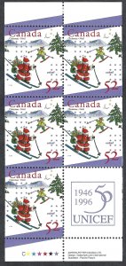 Canada #1628a 52¢ Santa and Elf Skiing (1996). Pane of 5 stamps. MNH