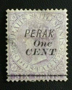 MALAYA PERAK opt Straits Settlements 1891 QV One CENT on 6c Used SG#43 M3281