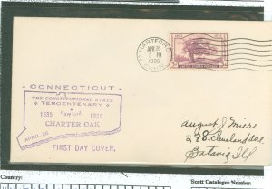 US 772 1935 3c Charter Oak; Connecticut tercentenary on an addressed first day cover with a cachet by an unknown publisher.