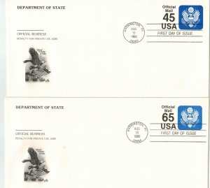 8/10/1990 EAGLE OFFICIAL MAIL SET OF 2 PASSPORT ENVELOPE FDCs Artcraft 45c 65c