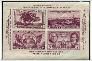 SC#778 TIPEX Souvenir Sheet: Plate # 21558 (1936) MNH