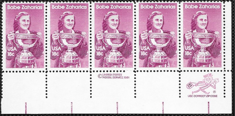 US #1932 MNH Zip Code strip of 5.  Babe Zaharias.