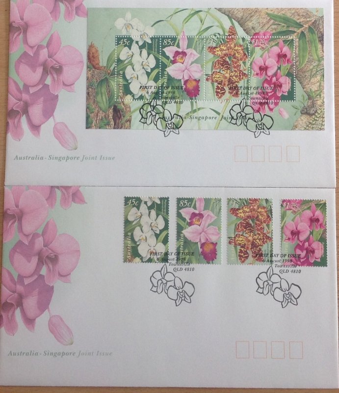 AUSTRALIA FDC 1998 ORCHIDS SG1800/1803 MS1804 TOWNSVILLE HANDSTAMP