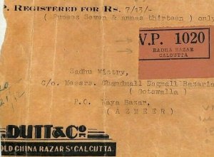 INDIA Cover *Raura Bazar Calcutta* Registered *VP*Insured Advert CHINA 1942 MM63