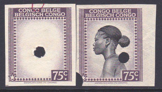 BELGIAN CONGO Waterlow proof 75c imperf vignette & complete stamp...........7921