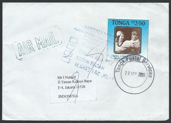 TONGA 2005 cover to Indonesia, Returned to Sender..........................51914