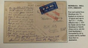 1935 Mombasa Kenya RPPC Postcard Airmail Cover To Mill City OR USA Tembi Valley