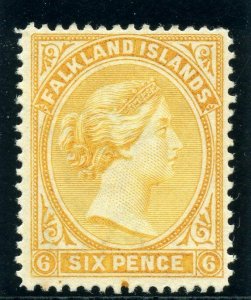 Falkland Islands 1896 QV 6d yellow (wmk upright) MLH. SG 34. Sc 16a.