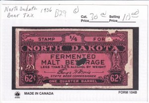 62c North Dakota State Beer Revenue Stamp #B29, Used (F32626)