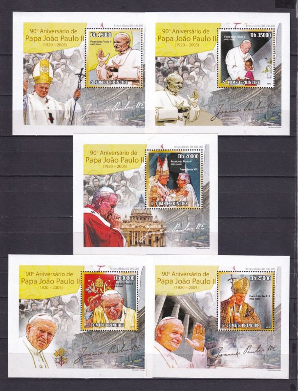 Sao Tome and Principe 2010 Pope John Paul II 5 S/Sheets Deluxe Edition MNH