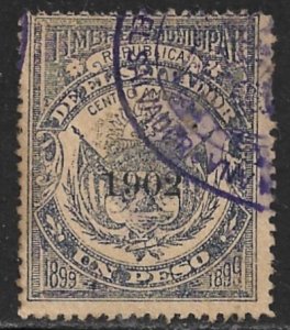 EL SALVADOR 1902 1peso ARMS Municipal Revenue Ross M71 VFU