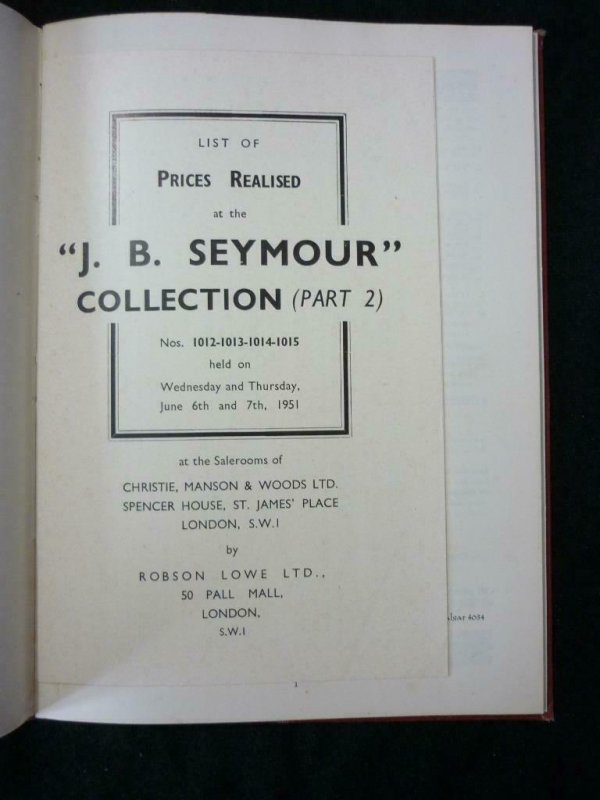 ROBSON LOWE AUCTION CATALOGUE 1951 GB THE 'J B SEYMOUR' COLLECTION PART 2 BOUND