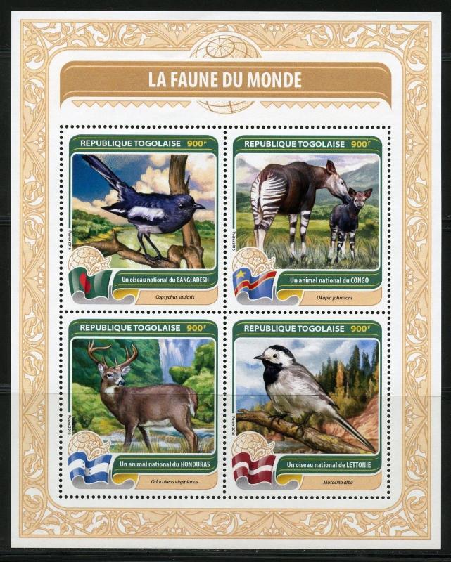 TOGO 2016  FAUNA OF THE WORLD OFFICIAL  BIRD OR ANIMAL  CONGO, HONDURAS ETC SHT