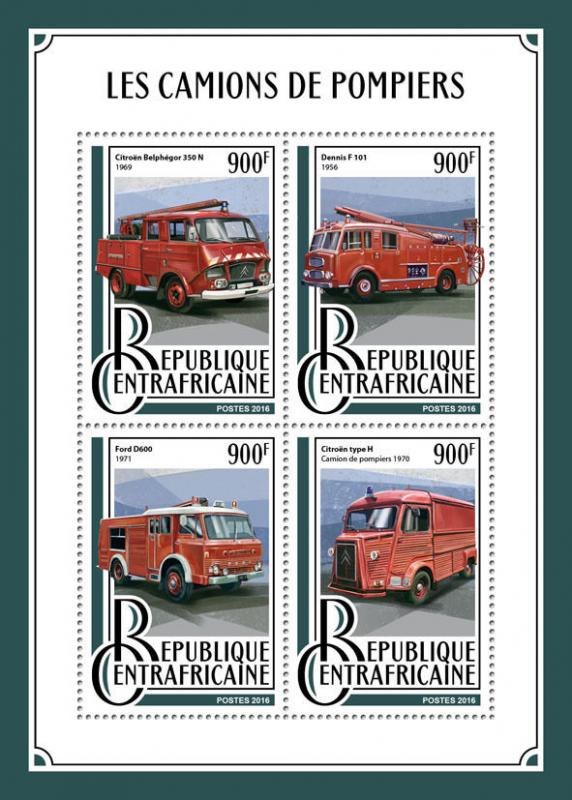 Central African Rep Fire Engines Stamps 2016 MNH Trucks Ford D600 Dennis 4v M/S 