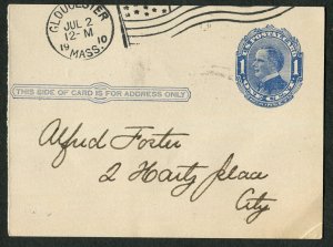 1910 US Postal Card Gloucester MA Flag Cancel AOUW Lodge Assessment Local Usage