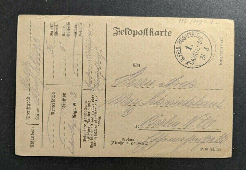 1915 WWI Germany Feldpost Cavall Division Postcard Cover