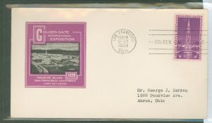 US 852 1939 3c golden gate exposition, single, on an addressed, typed, fdc wtih an ioor cachet