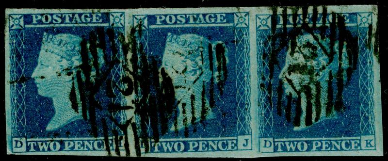 SG14, 2d blue, FINE USED. Cat £255+. STRIP OF 3. FULL MARGINS.