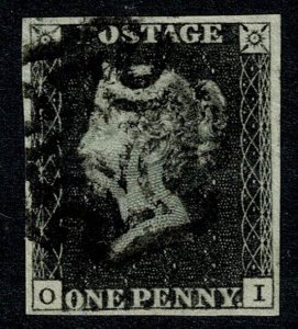 GB 1d Black OI Plate 10. Very fine four margins. Black Maltese cross.