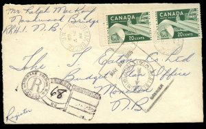 ?NASHWAAK BRIDGE,N.B. Keyhole Registration handstamp 1965 cover Canada