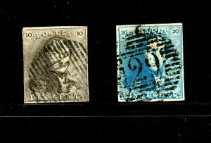 Belgium #1 & #2 (B238) Imperf 10c brown, 20c blue,King Leopold I, U, CV$157.50