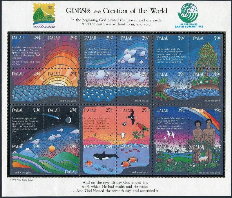 Palau 303 ax sheet,MNH.Mi 551-574 bogen. Genesis,1992.Marine life,Animals,Birds.