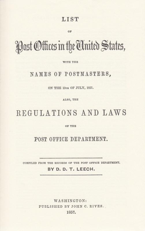 List of Post Offices and Postal Laws and Regulations of the United States, 1857