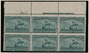 1893 COLUMBIAN 3c Sc 232 MNH plate block of 6 with OG - APS Certficate